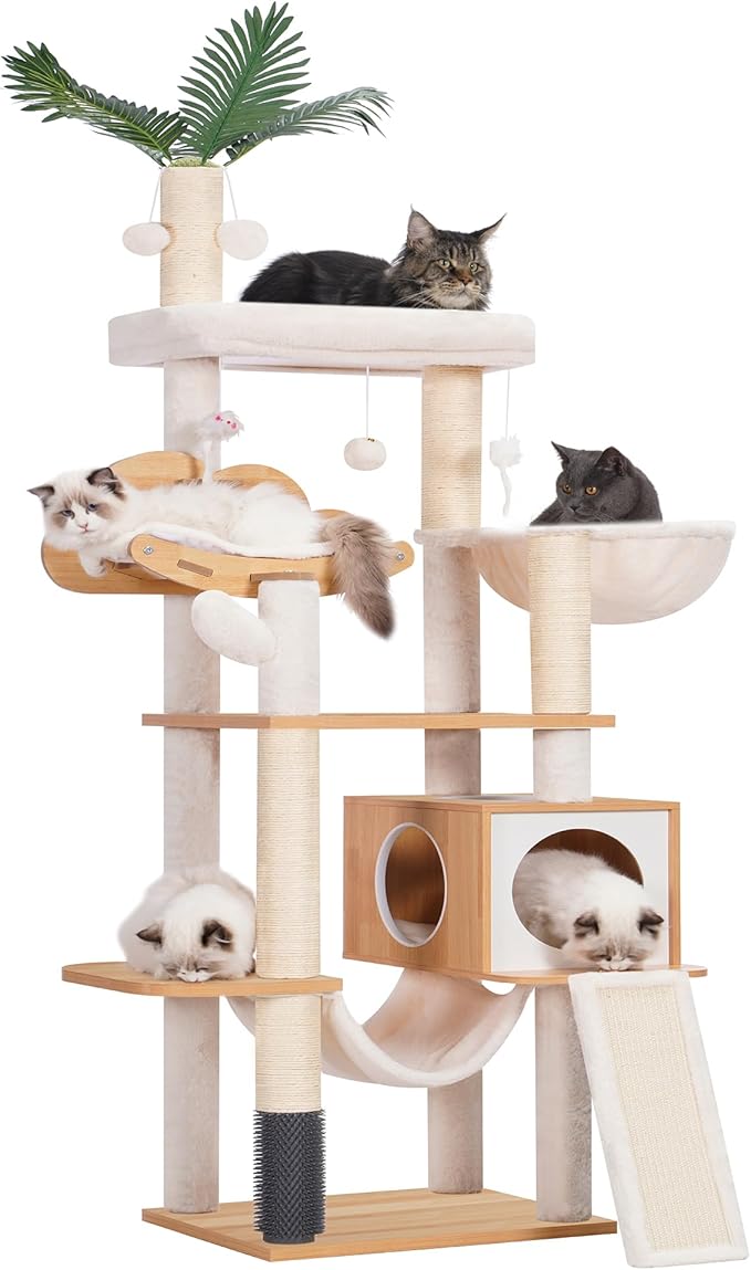 Heybly Wood Cat Tree for Indoor Cats, Cat Condo for Large Cats with Self Groomer, Modern Cat Scratching Tower with Basket, Hammock, Dangling Ball and Leaves, Walnut HCT120WB