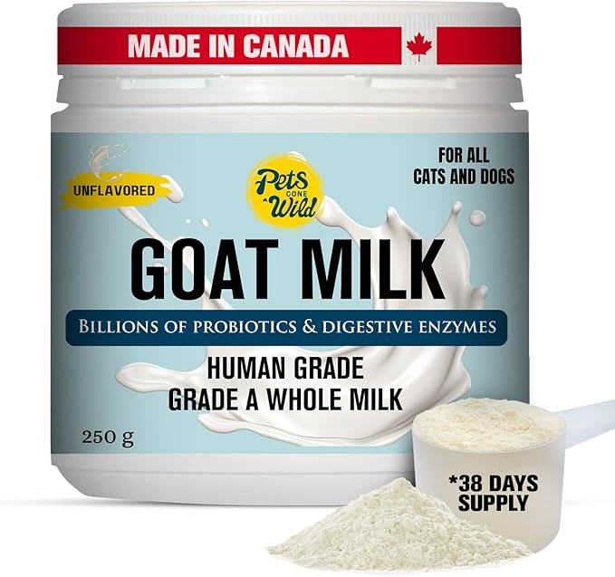 Pets Gone Wild Goat Milk Powder, Non-GMO, Picky Eater Friendly, Liquid Gold High Protein Supplement for Gut Health, Immunity & Hydration Ideal as Milk or Food Topper, Made in Canada