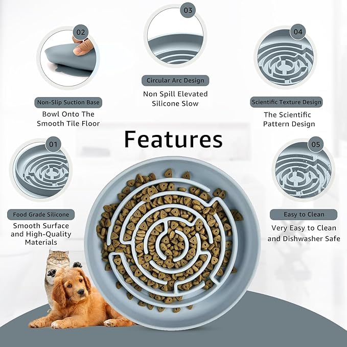 YINGFAN Slow Feeder Dog Bowls, Silicone Non-Slip Dog Slow Feeder Bowl, Puzzle Slow Eating Bowl for Medium to Small Dogs, Easy to Clean & Dishwasher Safe, 2 Cup, Blue