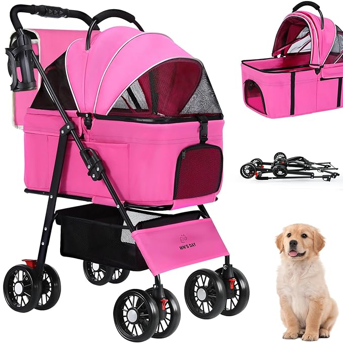 3 in 1 Pet Dog Stroller for Small Medium Dogs 10-50 lbs, Foldable Cat-Strollers for 2-Cats with Removable Carrier, Pet-Strollers for Cats with Storage Bag, Small Puppy-Stroller, Dog-Cart (Pink)