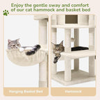 Globlazer Corner Cat Tree Tower with Scratching Post for Indoor Cats, 51in Plush Multi-Level Cat Tower with Large Hammock, Fan-Shaped Padded Perch, Spacious Cat Condo, Hanging Basket, C51, Light Beige