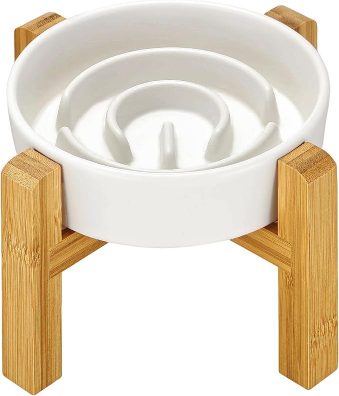 Ceramic Slow Feeder Dog Bowls Elevated, 0.6 Cup Slow Feeder for Small Dogs and Cats, Puzzle Maze Bowl, Prevents Choking, 6in, White