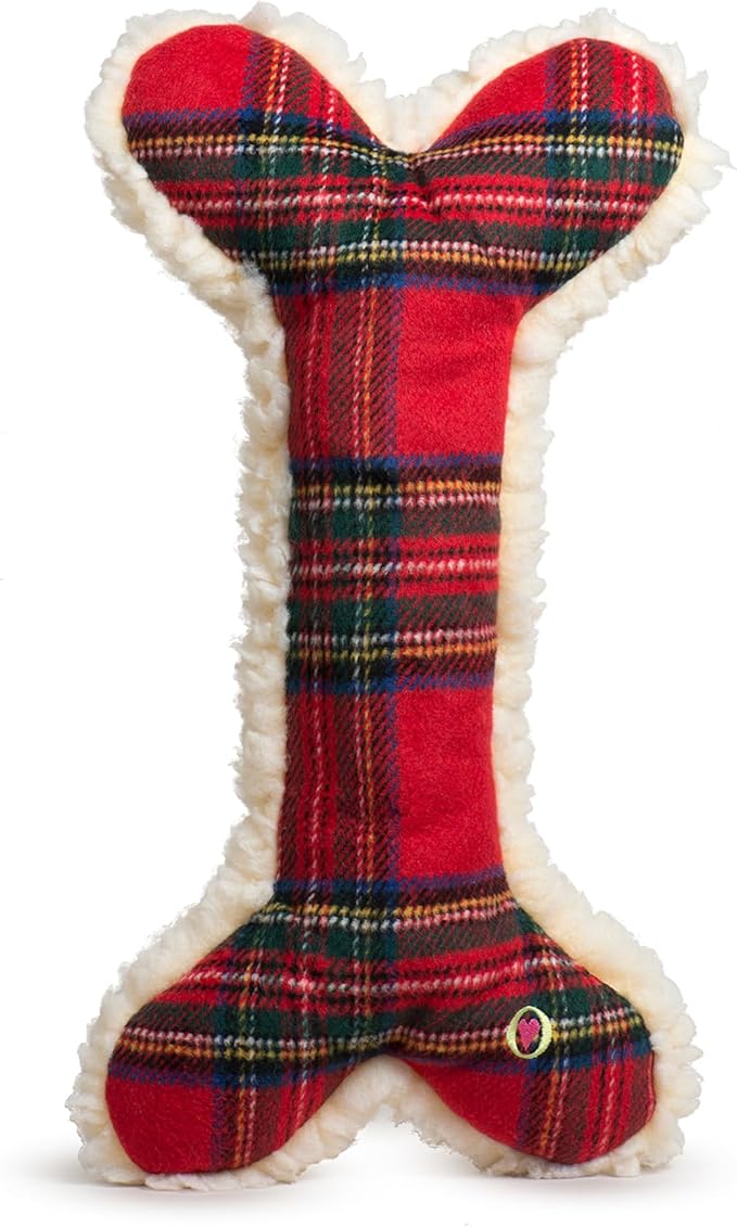 HuggleHounds Tartan Tidings Plush Bone Dog Toy - Dog Fuzzy Bone Toy, Soft Fleece, Durable, Stuffed Plush for Large Breeds, Puppies, Faux Sheepskin - 12" (1 Pack)