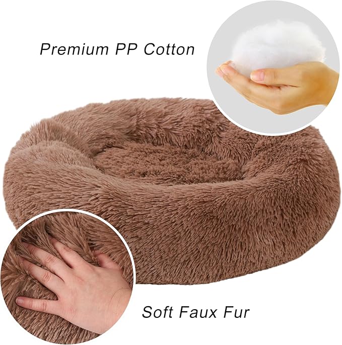 Calming Dog Bed, Dog Beds Fits up to 80 lbs Pets, Fluffy Donut Dog & Cat Bed Washable, Round Anti Anxiety Dog Bed, Small Dog Bed with Non-Slip Bottom (Khaki, 36" x 36")