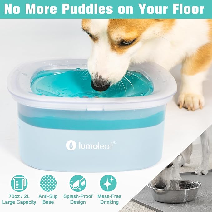 LumoLeaf No Spill Dog Water Bowl, 70oz Slow Feeder for Messy Drinkers, Keeps Long-Haired Dogs’ Mouth Fur Dry, Drip-Free Splash-Proof Design