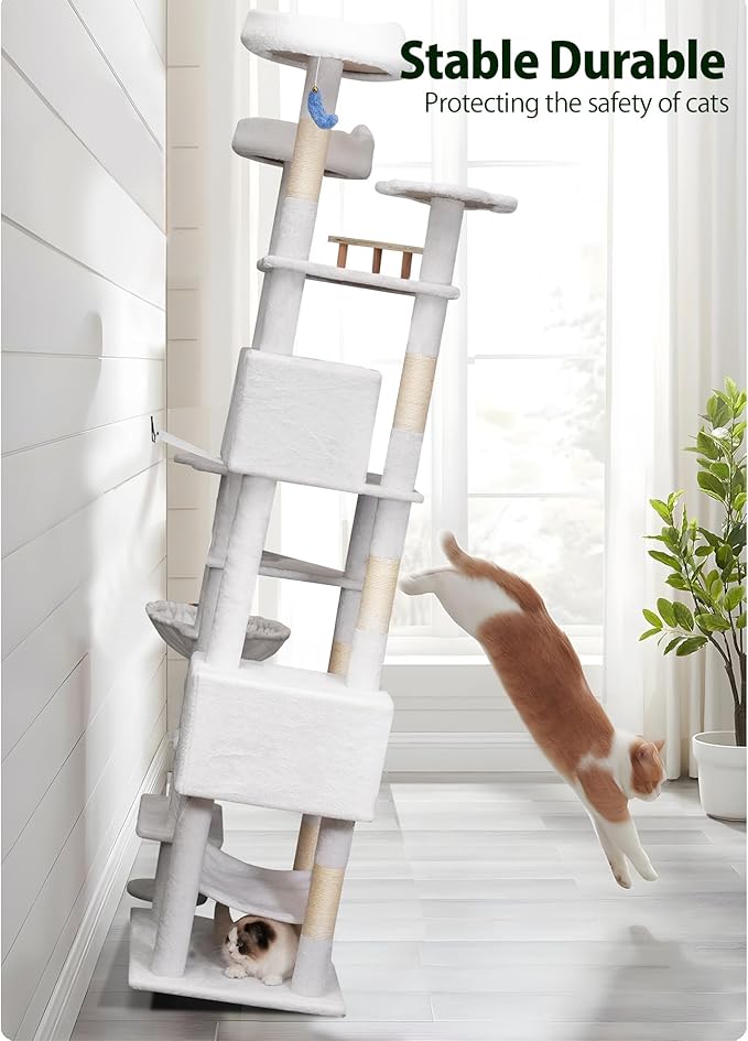 85in Tall Cat Tower for Heavy Duty Big Cats, Large Cat Tree with Scratching Post, Plush Perches, Cozy Cat Condos & Hanging Hammocks for Maine Coon, White