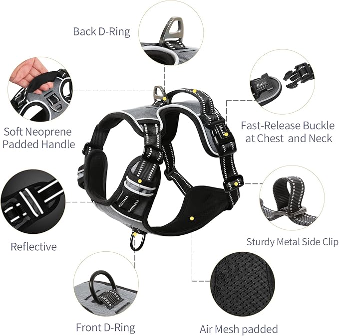 HEELE Dog Harness, No Pull Adjustable Padded Reflective Harness for Small Medium Large Dogs with Handle for Walking Training, Grey, L
