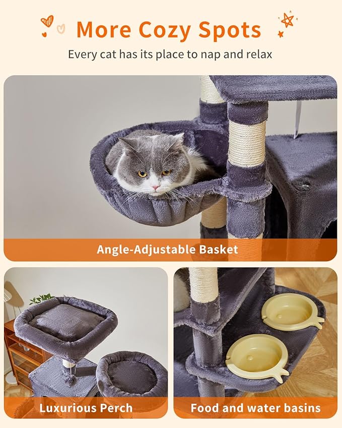 Taoqimiao 76-Inch Cat Tree Cat Tower for Indoor Cats, Plush Multi-Level Cat Condo with 12 Scratching Posts, 2 Perches, 2 Caves, Hammock, 2 Pompoms MS016G Smoky Gray