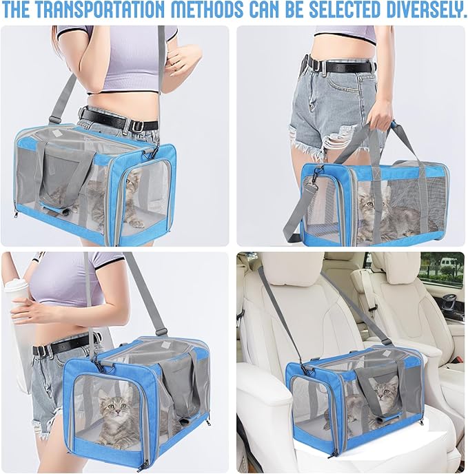 Pet Carrier for Large Cats of 20 Lbs, Collapsible Carrier Bag for Big Cat or 2 Kittens,Soft Sided Puppy Carrier with Sturdy Travel Transport Strap, Adequate Ventilation, 4 Mesh Windows (Blue)