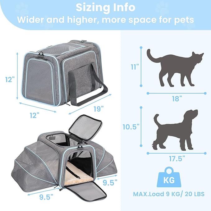 Petsfit Expandable Cat Carrier for 2 Cats Small Dog Carriers, Soft-Sided Portable Washable Pet Travel Carrier with Two Extension for Kittens, Puppies, Rabbits, 19 x 12x 12 inches, Light Grey
