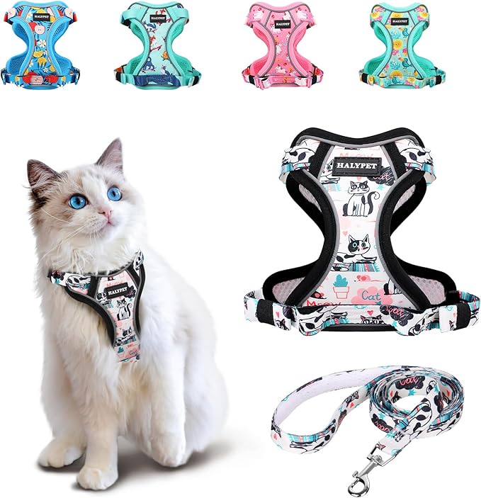 Halypet Cat Harness and Leash Set[MAX Safety 4th-Gen] Cute Escape Proof Vest Harness for Girl&Boy Cat Walking, Comfortable Adjustable Leash and Reflective Strips for Outdoor Kitten, S Inky Meowy