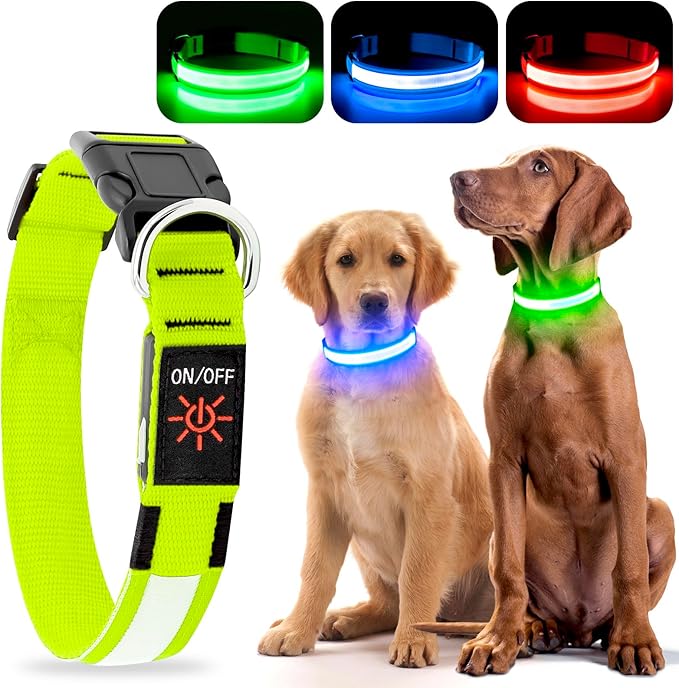YFbrite Ultra Light Adjustable LED Dog Collar, Light up Dog Collars Rechargeable Glowing in The Dark Collars Visiblity & Safety for Small, Medium, Large Dogs (Green, Medium)