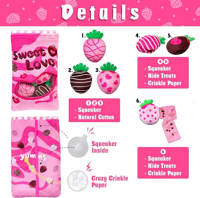 Valentine's Day Dog Toys, Squeaky Hide and Seek Dog Toy, Interactive Puzzle Dog Toys for Boredom and Stimulation, Valentine's Day Dog Gifts for Small and Medium Dogs (Strawberries, Pack of 7)