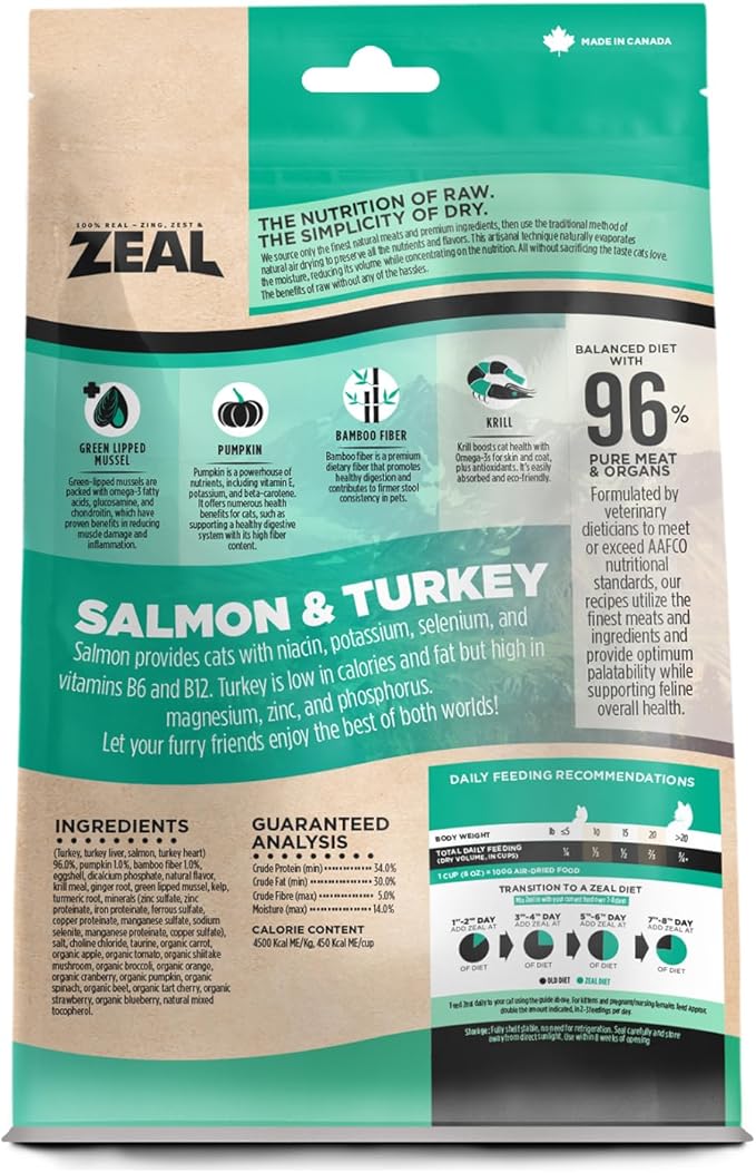 ZEAL Canada Air-Dried Salmon & Turkey Recipe for Cats - Superfood Omega-3 Rich, Dual-Protein, Grain Free, No Fillers, Complete Nutrition (Salmon & Turkey, 14.1 oz)