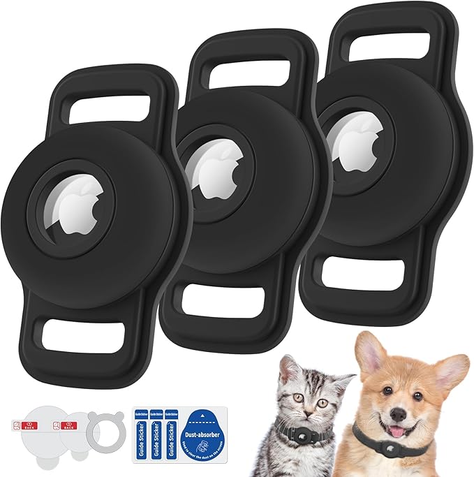 Airtag Dog Collar Holder: 3 Pack Soft Silicone Air Tag Holder for Pet Dogs Cats Collar, Sturdy AirTag Dog Tracker Protective Case, Pet Friendly Accessories Compatible with Apple Airtag, Black