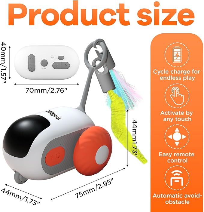 Turbo Tail 3.0 Interactive Cat Toy - Smart Remote Control Electric Mouse with Feathers, 3 Play Modes (Smart/Manual/Standby), Auto Obstacle Avoidance, Type-C, 8H Playtime - Orange (1PC)