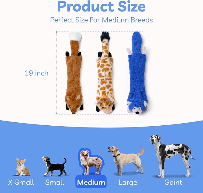 SHARLOVY Dog Squeaky Toys No Stuffing 3 Pack, Plush Crinkle Dog Toys for Large Breed, Durable Doggie Chew Cute Animals Puppy Toy for Teething