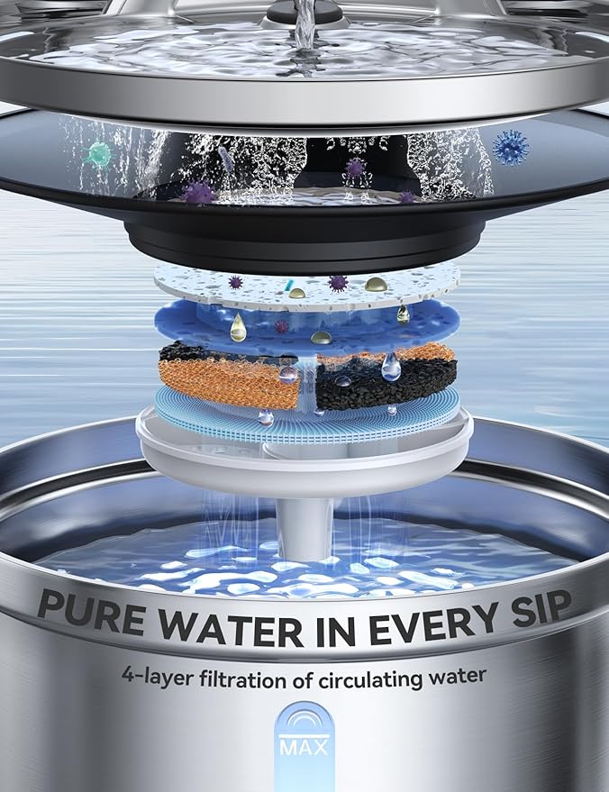 Wireless Cat Water Fountain Stainless Steel [Water & Battery Separation] FEELNEEDY Smart Pet Water Fountain, 4000mAh Battery Operated Water Fountain for Cats Dogs 3.5L/118oz + 6 Filters
