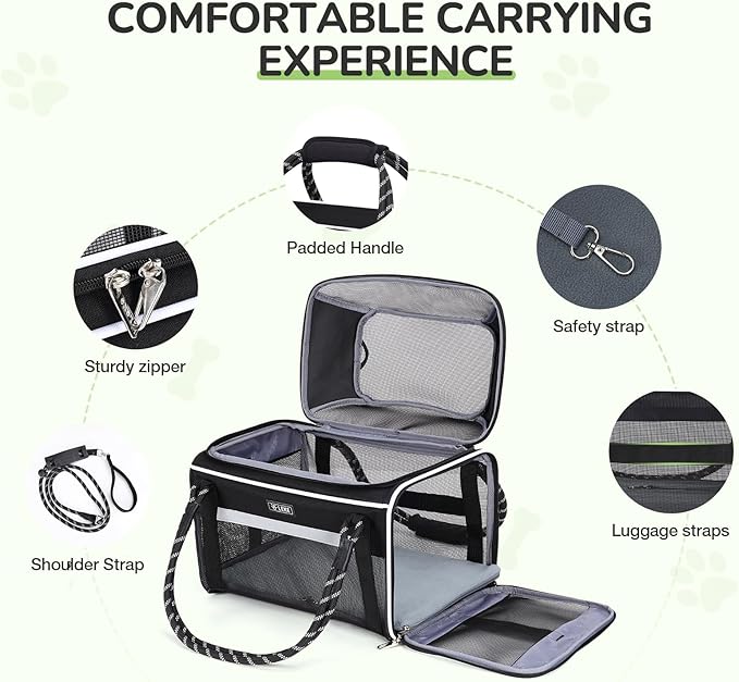 Lekereise Top Expandable Pet Carrier TSA Airline Approved Soft Sided Underseat Up to 15lbs Travel Carriers for Small Cats and Dogs with Convertable Dog Leash and Anti-Scratch Mesh