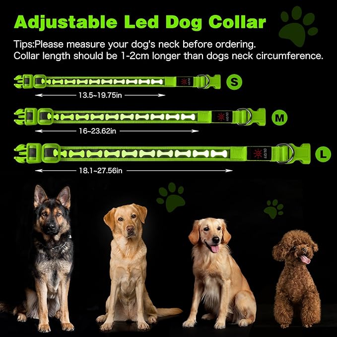 Flashseen Light Up Dog Collars, Adjustable LED Dog Collar Rechargeable, Glow in The Dark Dog Collars Super Bright Glow Collars for Night Walking for Dogs (Green, Medium)