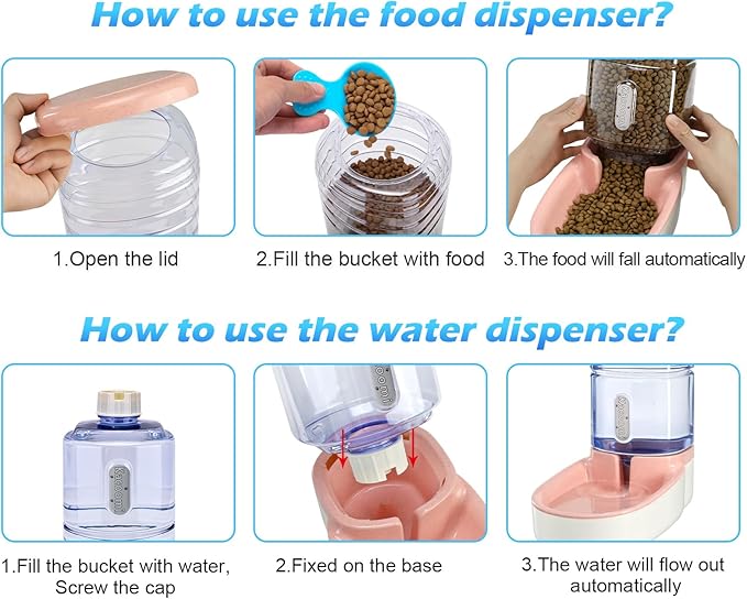 Automatic Dog Cat Feeder and Water Dispenser Gravity Food Feeder and Waterer Set with Pet Food Bowl for Small Medium Dog Puppy Kitten, Large Capacity 1 Gallon x 2(Pink)