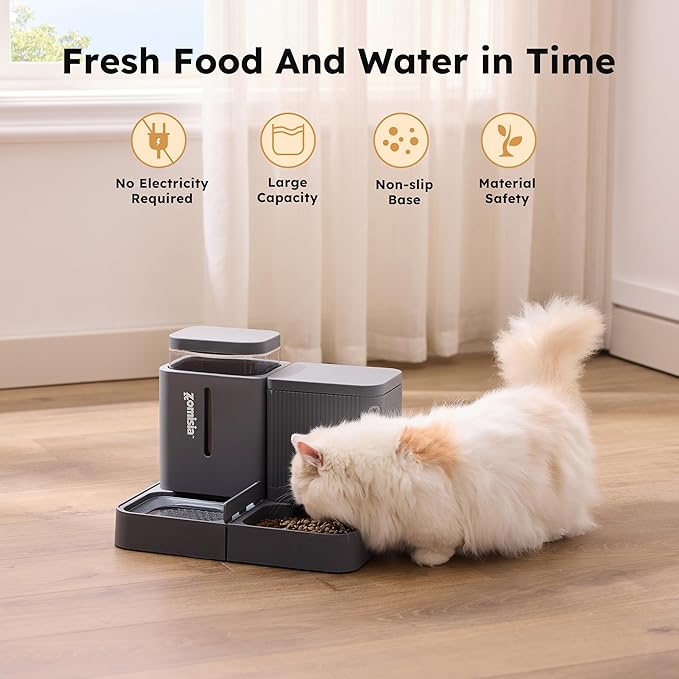 Gravity Cat Feeder and Water Dispenser, 2 in 1 Automatic Cat Feeder with 180 Degree Rotatable, 2 Pack Large Capacity Self Feeding for Small Medium Dog Puppy Kitten, Grey, 0.8 Gallon x 2