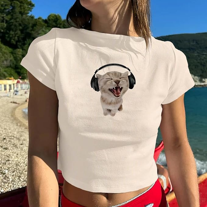Cat Graphic Baby Tee for Women Grunge Y2k Shirt Funny Crop Tops Teens Cute Cropped Tees Aesthetic Printed Tshirts