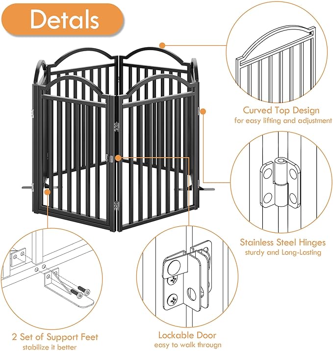 UDD Metal Folding Dog Gate Indoor 144" Extra Wide, 32" Tall Foldable Pet Gate with Door for Stairs Doorways Hallways Porch, Freestanding No Drilling Pet Fence for Dogs Puppy, Black 6-Panel