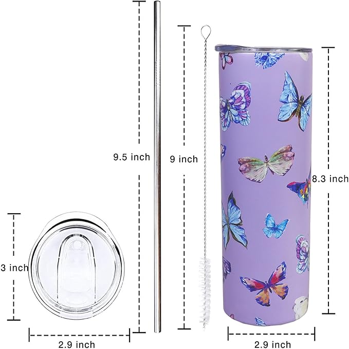 Butterfly Tumbler With Lid and Straw - 20 oz Insulated Purple Stainless Steel Skinny Tumbler Water Bottle Travel Mug Wine Cups Gifts for Women