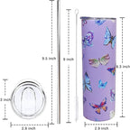 Butterfly Tumbler With Lid and Straw - 20 oz Insulated Purple Stainless Steel Skinny Tumbler Water Bottle Travel Mug Wine Cups Gifts for Women