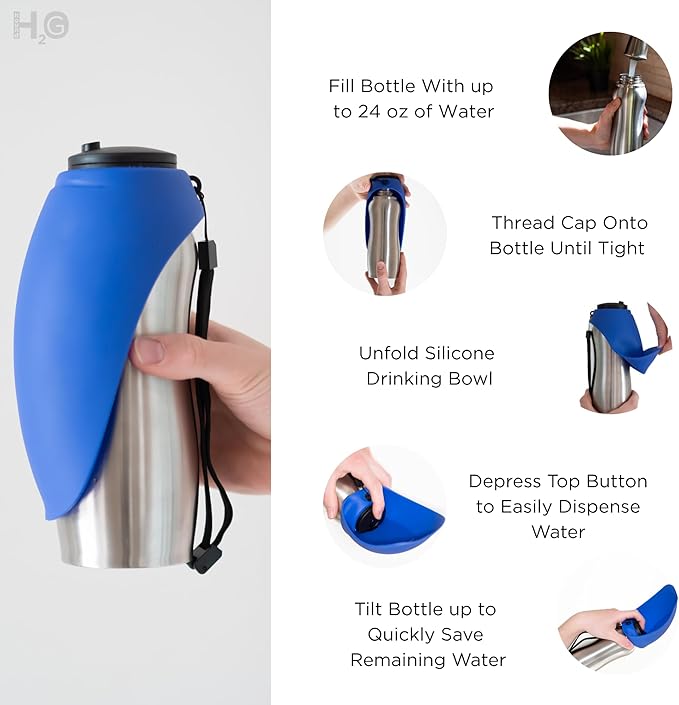 Portable Dog Water Bottle, 24 oz, Stainless Steel, Convenient Pet Water Dispenser, Collapsible Travel Bowl, Walking, Hiking, and Outdoor Activity, Compatible with Various Pets, Houd2Go (Green, 24oz)