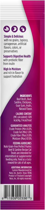 Nulo Freestyle Grain-Free Perfect Purees Premium Wet Cat Treats, Squeezable Meal Topper for Felines, High Moisture Content to Support Cat Hydration, 0.5 Ounce, Beef & Sardine