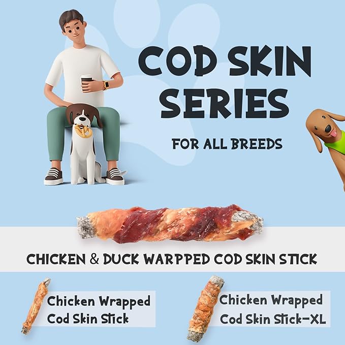 ASMPET Dog Treats Chews, Chicken & Duck Wrapped Cod Skin Sticks, Rawhide Free Cod Skin Treats for Dogs 10.6 oz