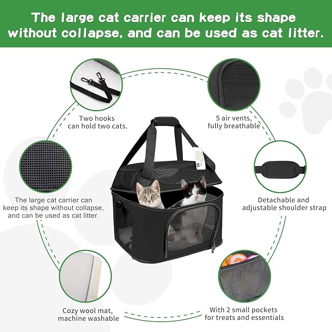 Large Cat Carrier for 2 Cats, Soft Side Carrier for Kitten Puppy, Collapsible Travel Dog Carrier TSA Airline Approved Cat Carrier Backpack for 20 lbs Pets,Black