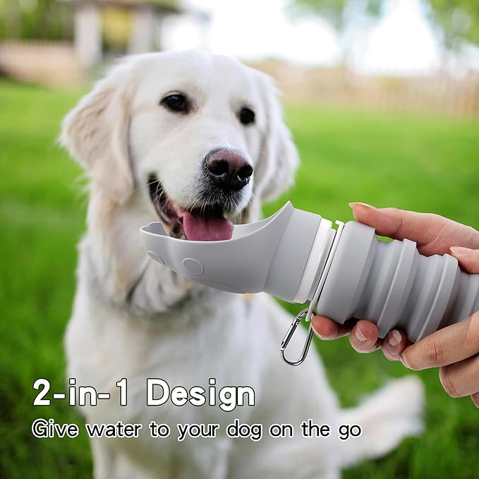 Dog Water Bottle Collapsible & Portable Squeeze, 9oz-17oz Water Dispenser & Folding Bowl,5 Levels Capacity in 1,Carabiner Clip,100% Food-Grade Silicone, Outdoor Walking,Hiking,Travel
