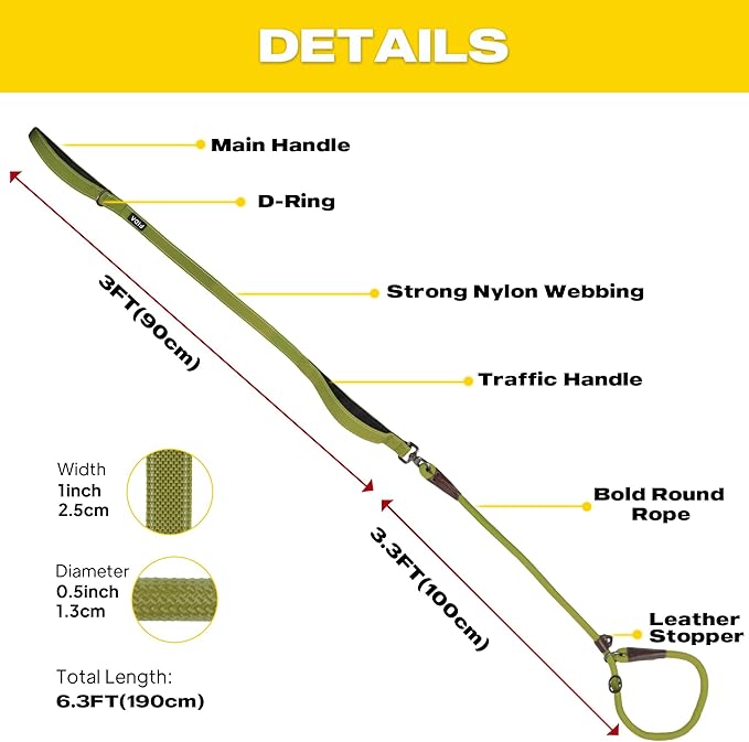 Fida 2-in-1 Slip Leads for Dogs with Double Handles, Tangle Free Leash for Large Dogs That Pull, Heavy Duty No Pull Training Leash Reflective Soft Padded for Large & Medium Breed(6ft,Green)