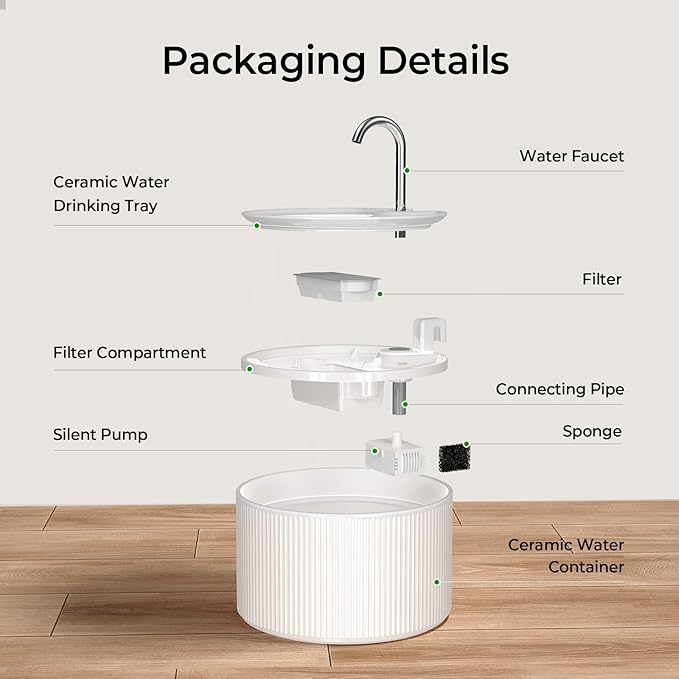Ceramic Cat Water Fountain, 2.2L/74oz Cat Fountains for Drinking Indoor, Automatic Pet Water Dispenser with Ultra-Quiet Pump and Replacement Filter, Kitty Watering Supplies, Easy Clean BPA-Free