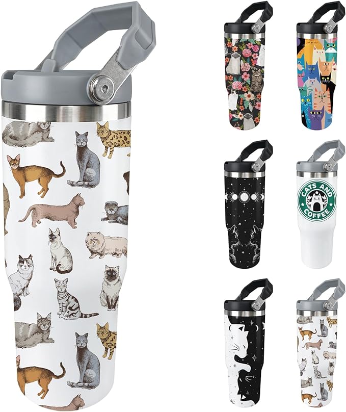 Cat Tumbler With Lid and Straw - 30oz Stainless Steel Cute Water Bottle Cup - Funny Gifts for Women