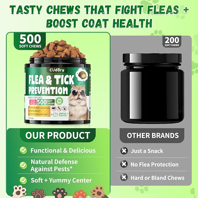 Flea and Tick Prevention for Cats – 500 Crunchy & Creamy Chews, Cat Flea Chewables with Skin & Coat Support – Oral Supplement for All Breeds & Ages – Natural Chicken Flavor