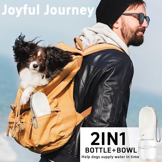 Portable Dog Water Bottle with Bowl, Leak Proof, Convenient for Walking, Hiking and Camping (White, 19oz)