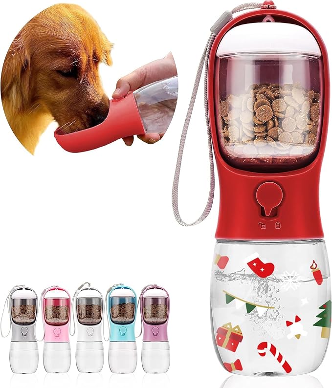 Christmas Dog Water Bottle with Food Container – 10oz Portable Travel Dispenser for Dogs,Cats,and Pets – Holiday Edition for Hiking, Walking & Travel – Easy to Clean & Includes Carbon Filter