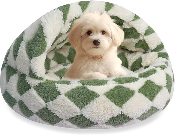 HYQ Cat Beds for Indoor Cats, Small Dog Bed with Cover Cave, Cozy Cat Cave Bed, Round Puppy Bed with Hooded Cover, Dog Beds for Small Dogs with Anti-Slip Bottom(Green, 24×24 Inch)
