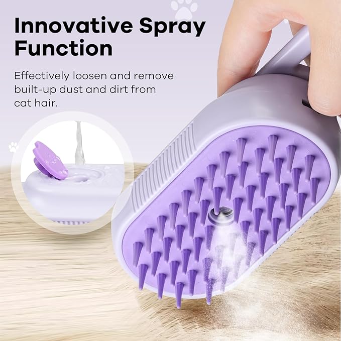 Cat Steam Brush for Shedding, 4 in 1 Brushs with Foldable Handle, Steam Brushs for Cats, Spritz Defur Comb for Cats, Water Brush for Cat, Pet Spray Hair Removal Comb (purple)