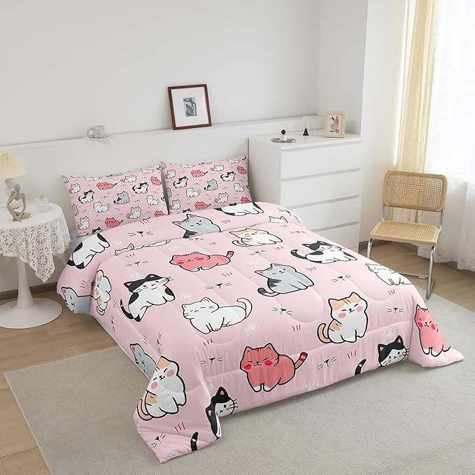 Erosebridal Kawaii Cat Bedding Queen for Girls Rainbow Kitten Comforter Set Cute Pet Bedding Comforter Sets Kids Cartoon Animal Duvet Insert Pastel Pink Quilted Duvet with 2 Pillow Shams Lightweight