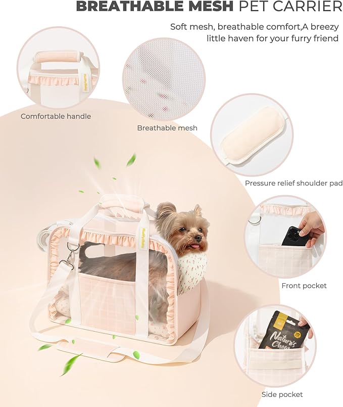 Pet Carrier for Medium Cats, Dog Carrier with Soft-Sided Cat Carriers, Breathable Mesh for Small/Medium Cats Dogs Puppies (Up to 13lbs), Foldable with Safety Buckle for Travel - Pink