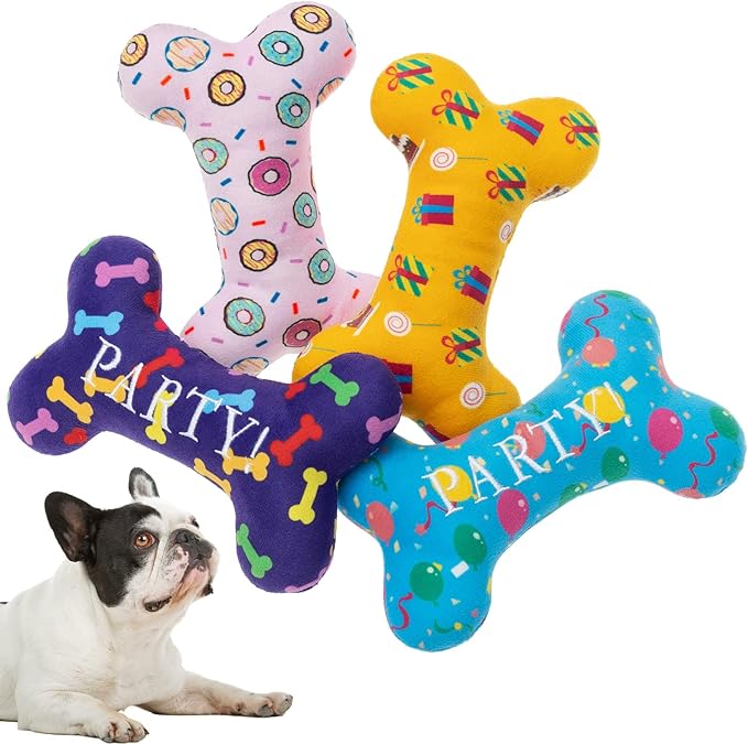 SCENEREAL Dog Birthday Party Gift Squeaky Dog Toys - 4 Packs Pet Plush Toy Durable Cute Bone Interactive Dog Stuffed Toys with Squeaker Chew Toys for Small Medium Dogs Puppies (Bone Pattern)
