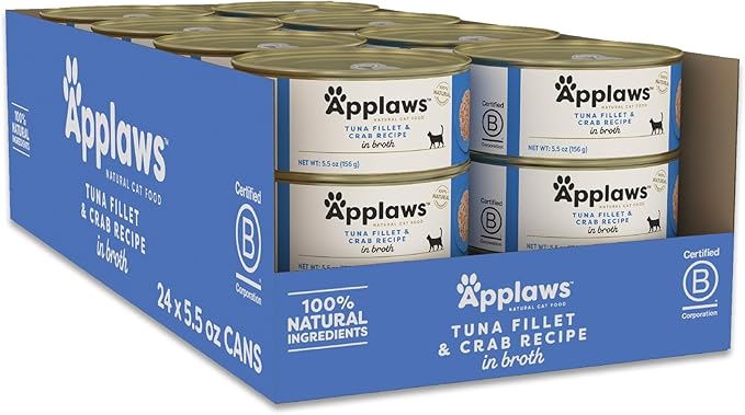 Applaws Natural Wet Canned Cat Food, Limited Ingredient, Protein with No Artificial Additives, Tuna Fillet & Crab in Broth (24 x 5.5oz Cans)