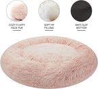 Bedfolks Calming Donut Dog Bed Cat Bed, 23 Inches Round Fluffy Dog Beds for Small Dogs, Machine Washable Anti-Anxiety Plush Puppy Bed（Pink, Small）