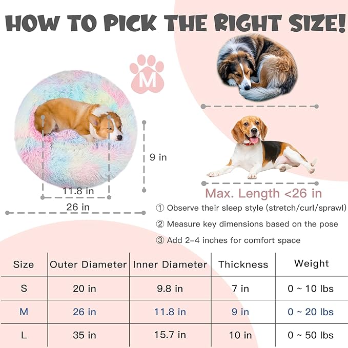 Himax Medium Dog Bed Washable, Round Dogs Beds with Blanket Attached, Calming Dog Bed, Multi-Colored (20"/26"/35")…