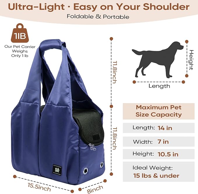 Dog Purse Carrier for Small Dogs, Cats, and Puppies – Soft-Sided Travel Pet Tote Bag with 4 Large Pockets, Foldable, Lightweight, Fits Pets up to 15 lbs, for Travel, Vet, Outings (Dark Blue)